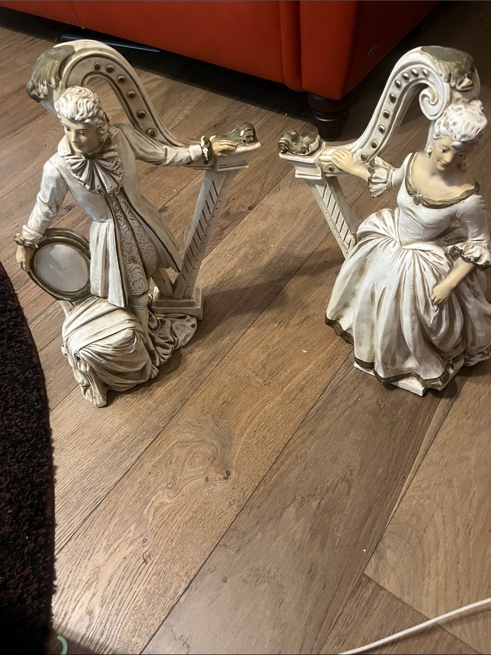 Victorian Pair Decorative Figural Bookends in Distressed White and Gold